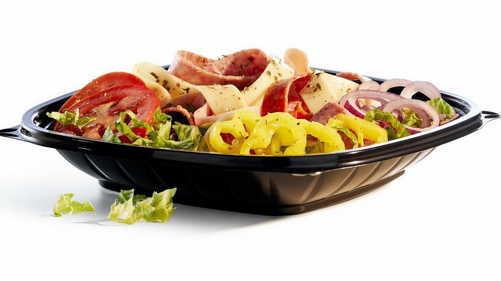Grilled Classic Italian Salad · Lettuce, Roma tomatoes, smoked ham, hard salami, pepperoni, provolone, red onions, banana peppers, olive oil & red wine vinegar, salt & pepper, oregano.