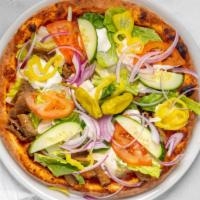 Gyro Pizza · San Marzano sauce, cheese, gyro, tomato, onion cucumber, banana pepper, and lettuce.