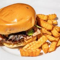 Vegan Bacon Burger · Vegan patty, ketchup, mustard, vegan mayo, pickles, tomato, grilled onions, vegan bacon, org...