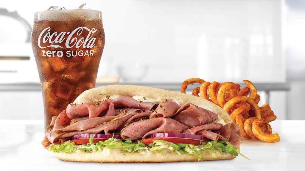 Roast Beef Gyro Meal · Thinly sliced roast beef with Greek Seasonings, cool creamy tzatziki sauce, lettuce, tomato and red onion in a warm pita. Visit arbys.com for nutritional and allergen information.