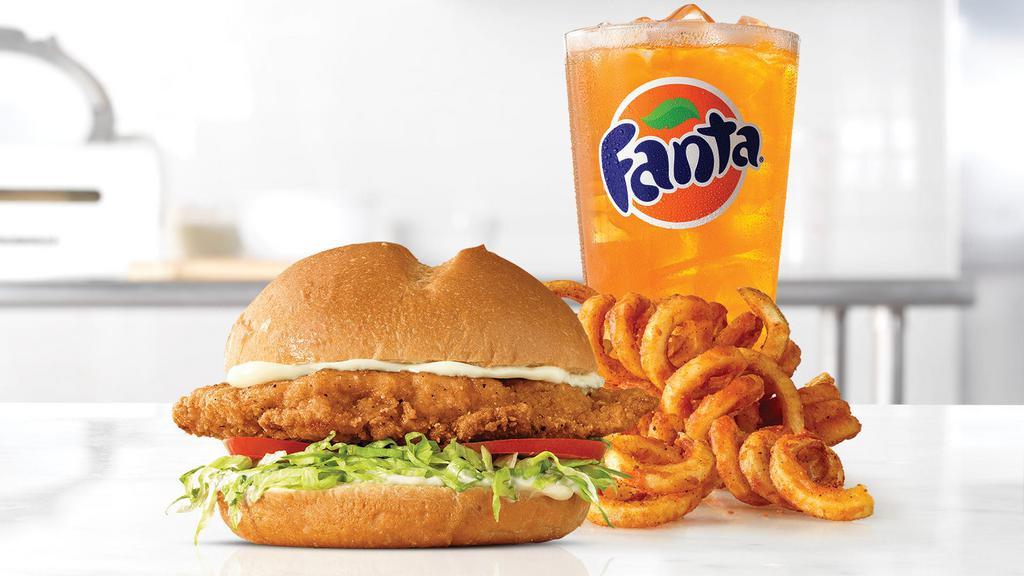 Classic Crispy Chicken Sandwich Meal · A crispy buttermilk chicken breast with lettuce, tomato, and mayo on a toasted specialty bun. Visit arbys.com for nutritional and allergen information.
