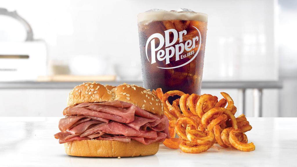 Classic Roast Beef Meal · Thinly sliced roast beef on a toasted sesame seed bun. Served with Arby's or Horsey sauce. Visit arbys.com for nutritional and allergen information.