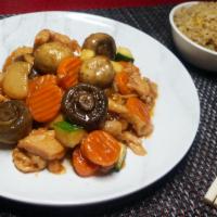 Moo Goo Gai Pan · Sliced chicken breast with shoots, cabbage, zucchini, snow peas, carrot, mushroom, onion in ...