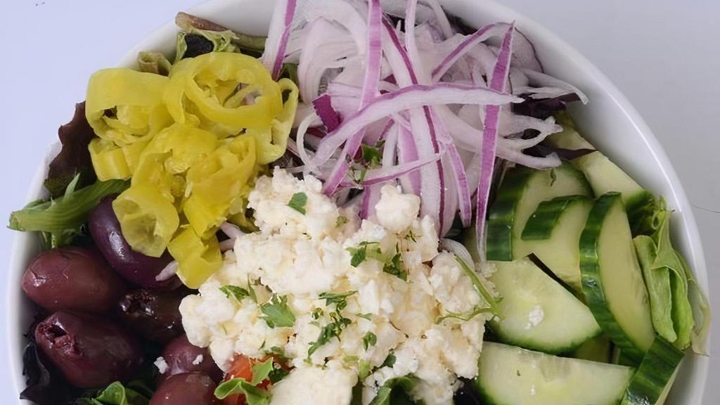 Greek Salad · Lettuce, Tomato, Onion, Cucumber, Feta, Pepperoncini & Olives