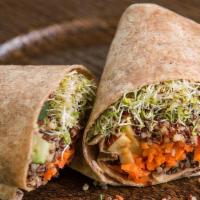 Veggie Wrap · Quinoa, alfalfa sprouts, cucumber, carrots and apple with a spicy peanut dressing in a whole...
