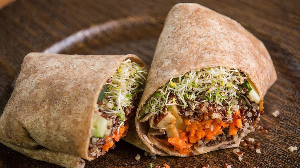 Veggie Wrap · Quinoa, alfalfa sprouts, cucumber, carrots and apple with a spicy peanut dressing in a whole wheat wrap