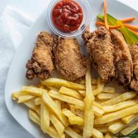 Fried Wings And Fries · Wings are seasoned and then tossed in seasoned flour then fried golden brown. Fries are ligh...