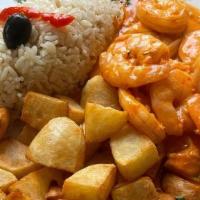 Camaroes Ao Creme De Alho · Shrimp in a creamy Pink Garlic Sauce served with Rice and fried Potatoes