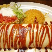 Grande Burrito Mix · Grilled steak and chicken, rice, black beans, bell peppers, onions topped with cheese dip an...