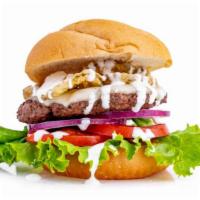 Fried Pickle Burger · Provolone cheese, our famous fried pickles and our house-made ranch dressing.