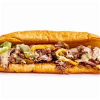 Philly Cheesesteak · Thinly sliced grilled steak or chicken, on a hearth baked hoagie bun, covered in your choice...