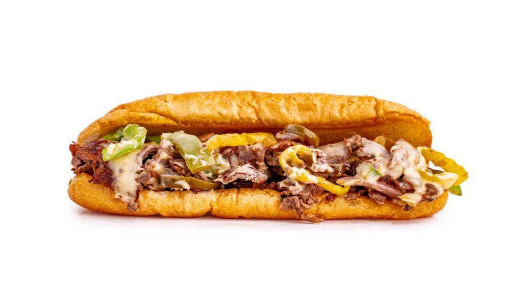 Philly Cheesesteak · Thinly sliced grilled steak or chicken, on a hearth baked hoagie bun, covered in your choice of cheese, onions, peppers, mushrooms, jalapeños or banana peppers.