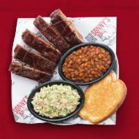 Louis Ribs · Sweet & Smokey or House Dry-Rubbed Ribs. Served with BBQ beans, coleslaw and garlic bread.