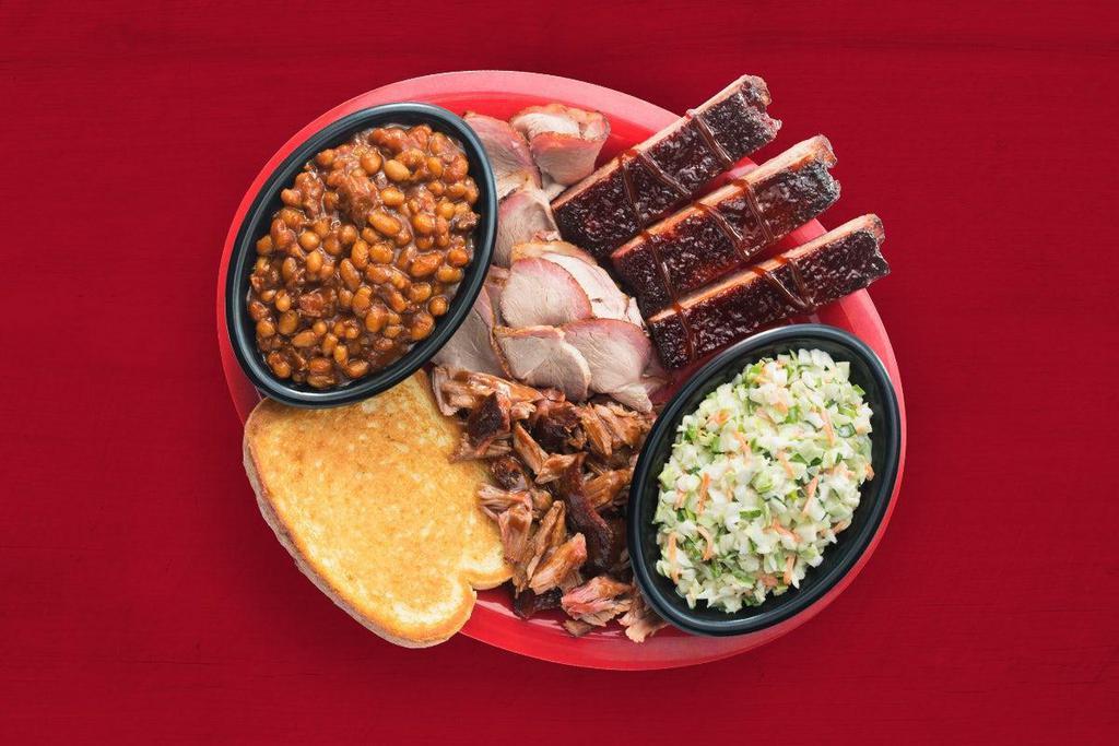 Pork 3 Ways® · Pulled Pork, Sliced Pork and Sweet & Smokey Ribs. Served with BBQ beans, coleslaw and garlic bread.