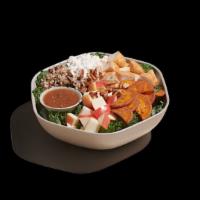 Harvest Bowl · roasted chicken, apples, roasted sweet potato, goat cheese, raw pecans, warm wild rice, shre...