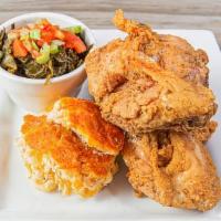 Southern Fried Chicken · Half chicken battered and deep fried served with
smoked turkey collard greens and our homema...