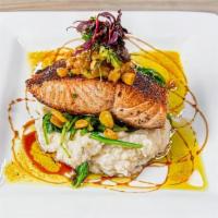 Pan Seared Salmon · Wild caught Chilean salmon pan seared in olive oil
served with jalapeno cheddar mashed potat...