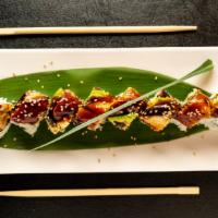 Dragon Roll · Shrimp tempura, kani, cream cheese, cucumber, i/o topped with tuna, avocado, eel sauce and s...
