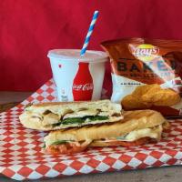 Chicken Breast Panini · Whole Chicken breast. Swiss cheese, tomatoes, spinach, mayo-pesto house-made spread, salt, b...