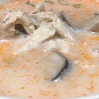 Tom Kha Gai · Chicken, mushrooms, scallions  and coconut milk in spicy  lemongrass broth