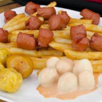 Salchipapa Especial · Chopped hot dog, French fries, creole potatoes, quail eggs and pink sauce.