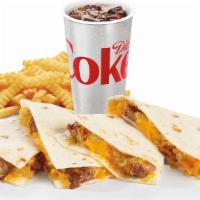 Chicken Or Carne Asada Cheddar Quesadilla Meal · Our delicious Chicken Cheddar Quesadilla, plus our famous Crinkle Cut Fries and a refreshing...