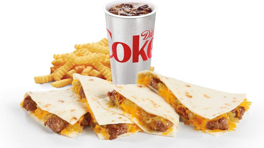 Chicken Or Carne Asada Cheddar Quesadilla Meal · Our delicious Chicken Cheddar Quesadilla, plus our famous Crinkle Cut Fries and a refreshing beverage..