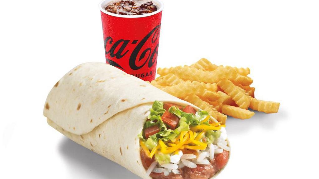 8 Layer Veggie Burrito Meal · Our 8 Layer Veggie Burrito plus our famous Crinkle-Cut Fries and a refreshing beverage.