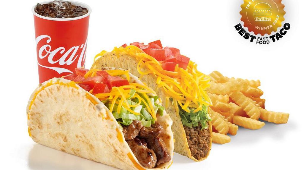 New The Del Taco & Carne Asada Stuffed Quesadilla Taco Meal · The Del Taco & Carne Asada Stuffed Quesadilla Taco, plus our famous Crinkle Cut Fries and a refreshing beverage.