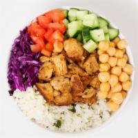 Mediteranian Bowl · Choice of protein and rice, rice, lettuce, feta cheese, tomato, cucumber, chickpeas, and bal...