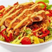 House Salad · Your Choice of Grilled or Breaded Chicken, Fresh Greens, Bacon, Gouda Cheese, Tomatoes, Fres...