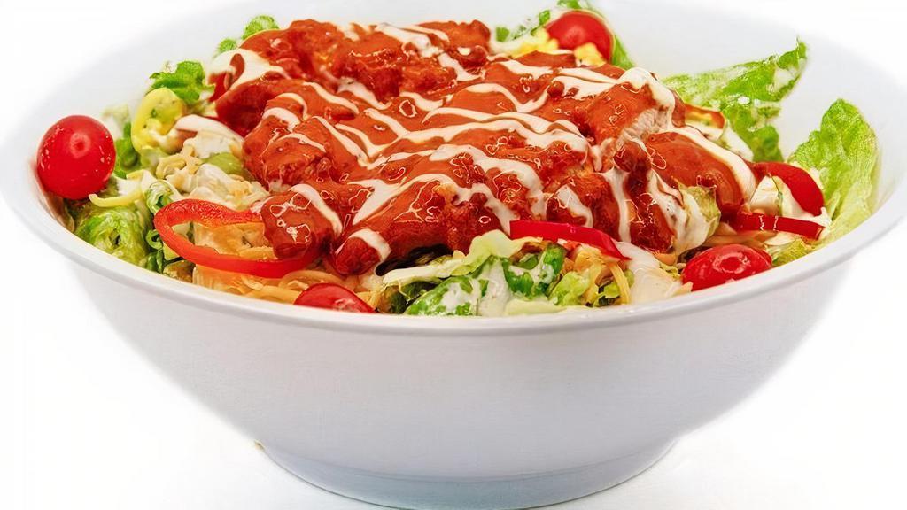 Buffalo Ranch Salad · Your Choice of Grilled or Breaded Buffalo Tossed Chicken, Fresh Greens, Gouda Cheese, Tomatoes, and Buttermilk Ranch Dressing