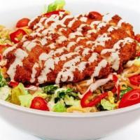 Nashville Hot Salad · Your Choice of Grilled or Breaded Nashville Hot Tossed Chicken, Fresh Greens, Gouda Cheese, ...