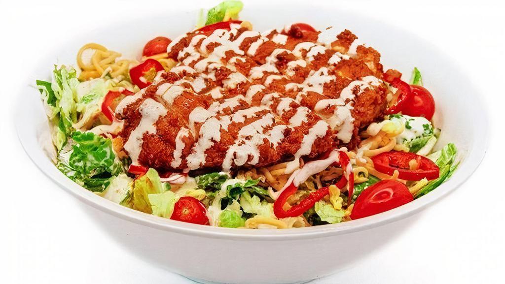 Nashville Hot Salad · Your Choice of Grilled or Breaded Nashville Hot Tossed Chicken, Fresh Greens, Gouda Cheese, Tomatoes, and Buttermilk Ranch Dressing