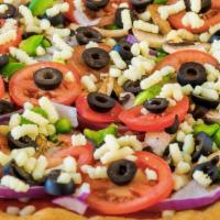 Vegetarian (Medium) · Mushroom, bell pepper, black olives, onion, tomato.