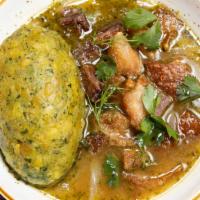 Mofongo With Pork Belly · Mashed green plantain, cilantro, chimichurri, and garlic with crispy and tender fried pork b...