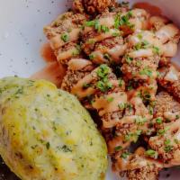 Mofongo With Crispy Chicken · Mashed green plantain, cilantro, chimichurri, and garlic with adobo buttermilk marinated and...