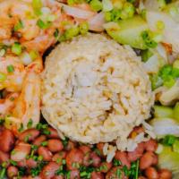 Rice And Bean Bowl With Shrimp Al Ajillo · Bayleaf brown rice, slow cooked pink beans, green beans with garlic sauteed adobo shrimp, on...