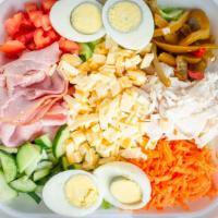 Chef Salad · Tomatoes, cucumbers, carrots, sweet peppers, onions and ham, turkey, Swiss, Provolone, Ameri...