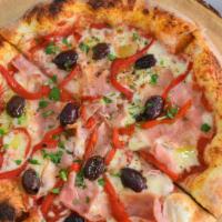 Argentinian · Tomato sauce, mozzarella cheese, ham, roasted red peppers and black olives.