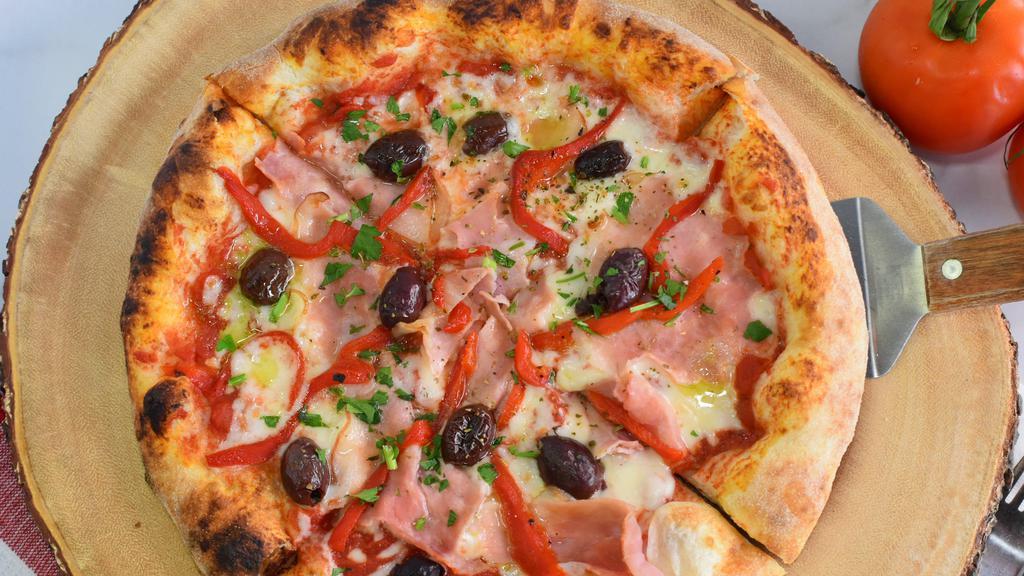 Argentinian · Tomato sauce, mozzarella cheese, ham, roasted red peppers and black olives.