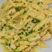 Penne Chicken Alfredo  · Creamy Alfredo sauce, Extra Virgin Olive Oil, ground pepper and Parmesan cheese.