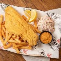 Catfish & Chips · Lightly dusted cornmeal-fried Mississippi catfish, cole slaw, and seasoned fries.