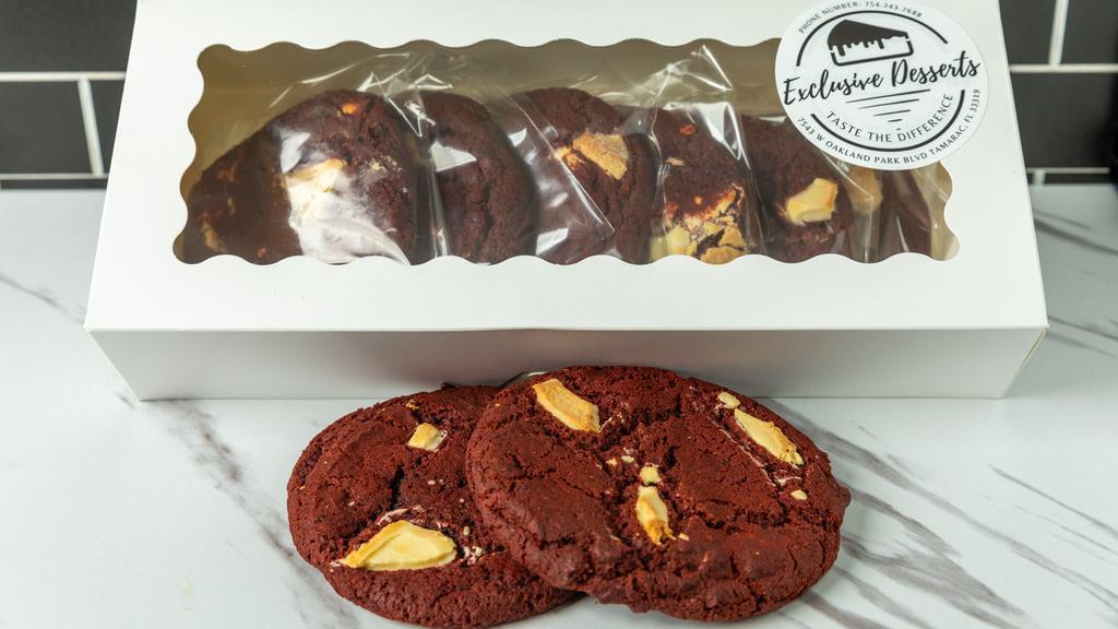  Redvelvet Cookies · pk. of 6 rich delicate white chocolate chunk redvelvet  cookies.