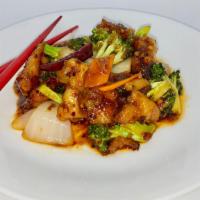 Spicy Chicken With Broccoli · Sliced chicken breast stir-fried with red pepper flakes, onions, carrots and broccoli.