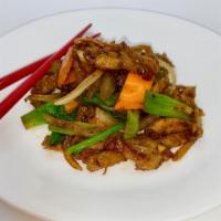 Pepper Chicken · Stir-fried chicken with black pepper, onions, bell pepper and diced green onions.