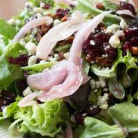 Cranberry Pecan Salad · Spanish glazed pecans, crumbled Gorgonzola, natural cranberries, pickled red onions over loc...