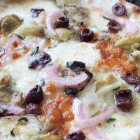 Rustica Pizza · Roasted artichokes. Kalamata olives, sweet red onion, Grande Parmesan and fior di latte fres...