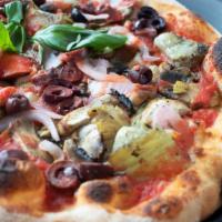 Vegan Pizza · Roasted artichokes, local wild mushrooms, Kalamata olives, sweet red onion, tomato sauce and...