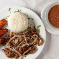 Lechon Asado · Chef Favorites.Roasted pork served with white rice and two sides.